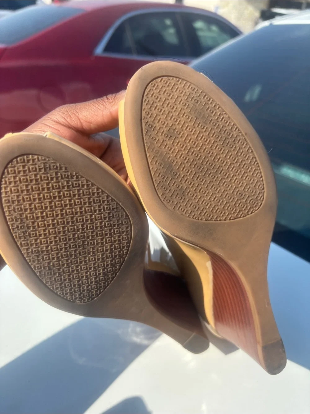 Tory Burch Leather Tan Patent Peep-Toe Wedge Heels